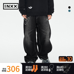 INXX 复古洗水潮牌直筒裤 宽松裤 男女同款 子 波浪形设计感牛仔裤