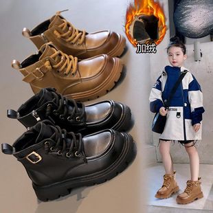 女童短靴儿童加绒马丁靴2023冬季 新款 男童皮靴英伦风擦色工装 棉靴