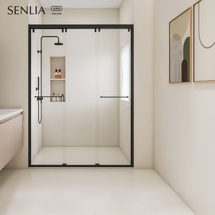 圣莉亚淋浴房一字型极简三联动双移门定制家用卫生间浴室淋浴隔断
