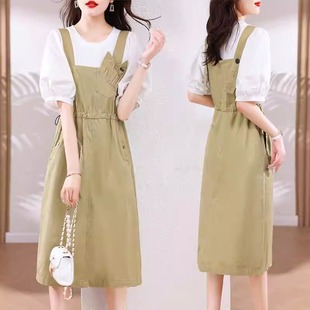 背带连衣裙两件套夏季 女小个子韩版 学院风洋气减龄显瘦背带裙套装
