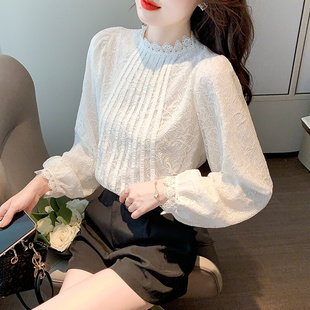 韩版 半高领蕾丝打底衫 2023春秋新款 显瘦灯笼袖 上衣 女性感洋气时尚