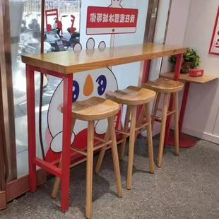 新款 实木吧台桌椅组合清吧酒吧咖啡厅奶茶店高脚椭圆形靠墙长条桌