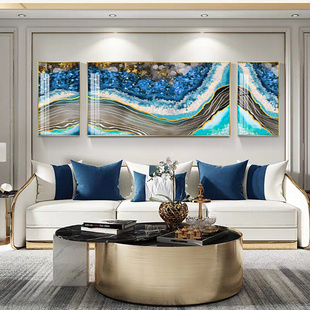 镶钻晶瓷晶钻三联画水晶客厅装 饰画轻奢沙发背景墙风格 新中式 挂画