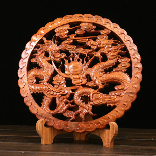 双龙戏珠二龙戏珠桃木挂件摆件中式 传统客厅商铺玄关中国结木雕