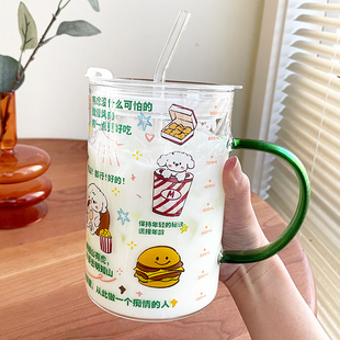新款 耐热玻璃吸管杯女高颜值大容量牛奶杯子可爱创意带把手喝水杯