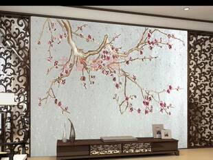 中式 沙发刺绣壁布电视墙独绣无缝卧室客厅画 独秀背景墙布梅花新款