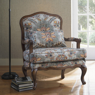 圣奇尼美式 单人椅雕花椅沙发布艺复古绿客厅卧室书房实木扶手椅子