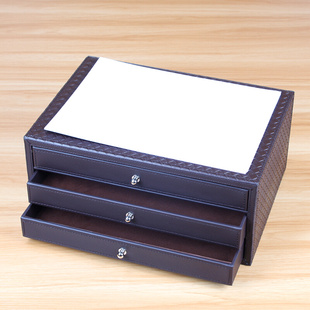A4办公桌面收纳盒皮革PU简约抽屉式 收纳柜书桌上文件柜杂物储物箱