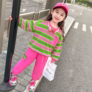 女童韩版 运动套装 儿童休闲时尚 条纹卫衣两件套春装 2024新款 春秋季