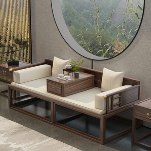 新中式 推拉伸缩罗汉床茶桌椅组合小户型沙发现代简约实木榻老榆木