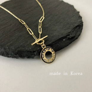韩日系纯10K14K黄金饰品镂空圆形亮钻项链设计感个性 OT扣锁骨链女