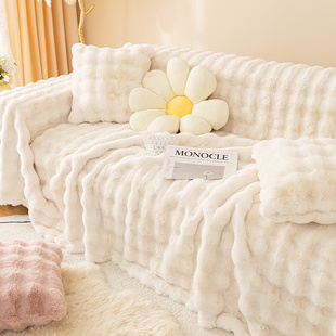 米白色兔兔绒沙发垫冬款 加厚毛绒坐垫防滑轻奢皮沙发套罩纯色盖巾