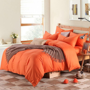 新款 床上纯色四件套纯棉100全棉床单床笠款 简约素色橙色被套四季