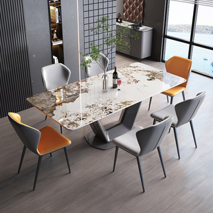 意式 轻奢岩板餐桌椅组合亮光长方形家用小户型西餐厅