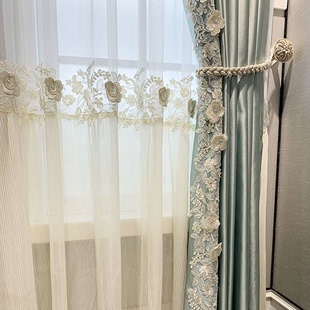 法式 轻奢 浅绿加厚高经密遮光挡风客厅卧室窗帘盘带浮雕绣花纱美式