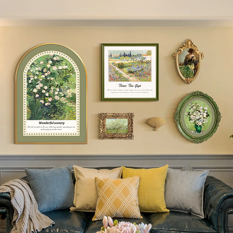 梵高花卉拱形法式 组合挂画美式 轻奢客厅沙发背景墙装 饰画餐厅壁画