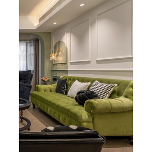 乡村小户型客厅美式 复古拉扣酒店设计师绿色布艺丝绒三人沙发 法式