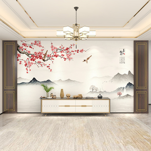 18d新中式 花鸟壁纸客厅电视背景墙布山水意境沙发客厅影视墙壁画