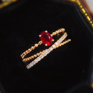 宝创集0.38克拉天然鸽血红宝石戒指18K金镶钻可拆分叠戴一款 两戴