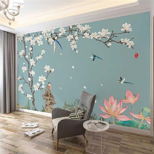 新中式 山水花鸟壁纸2023电视背景墙纸沙发床头壁画客厅影视墙壁布
