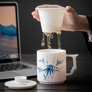羊脂玉素烧手绘泡茶杯茶水分离杯办公杯白瓷办公室水杯带过滤定制