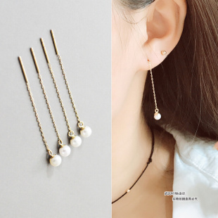 WH时尚 韩国10K金黄金珍珠耳钉 流苏长线珍珠耳线长款 女