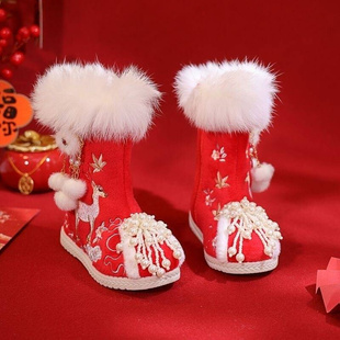 冬季 新款 女童靴子绣花鞋 中国风宝宝棉鞋 加绒公主鞋 儿童棉靴汉服鞋