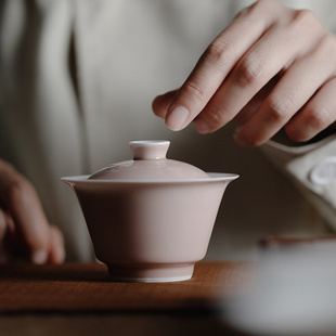 岁宵粉红中国白盖碗茶杯二才茶碗单个高档家用大号功夫茶具套装