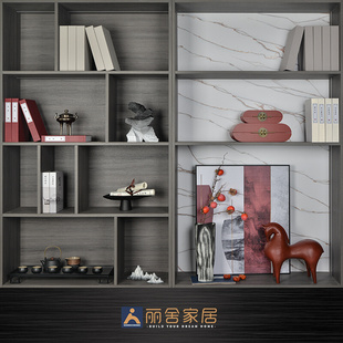 新中式 样板间客厅摆件书房书柜饰品组合软装 搭配假书挂画茶具套装