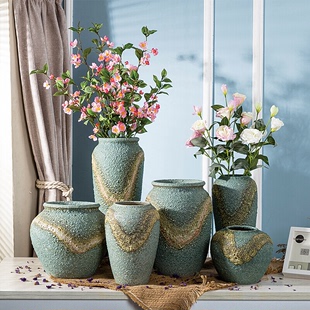 复L古手工粗陶罐北欧插干花器陶瓷花瓶客厅桌面摆件简约家居装 饰