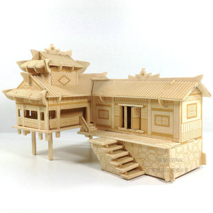 立体拼图木质拼装 房子3D木制仿真建筑模型手工木头屋diy益智玩具