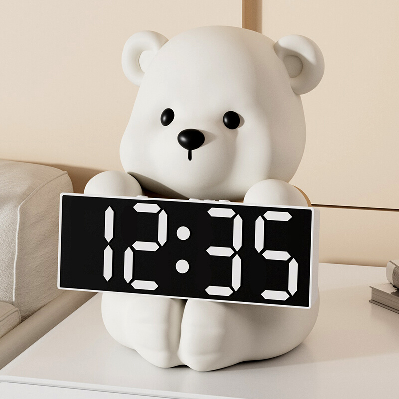 A奶油风熊时钟摆件客厅玄关卧室床头钟表摆放式 桌面智能电子钟