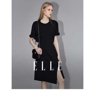 ELLE黑色设计感短袖 纯棉连衣裙女2024夏季 新款 宽松显瘦高腰裙子