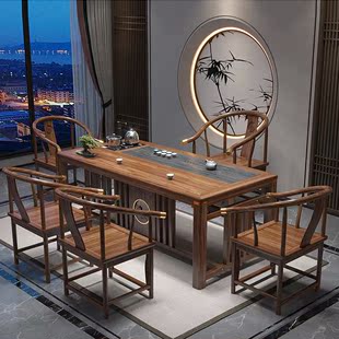 新中式 实木茶桌家用办公橡胶木禅意茶台全套泡茶一体客厅