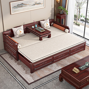 新中式 实木罗汉床酸枝木客厅伸缩折叠红木沙发床罗汉榻民宿带炕几
