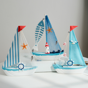 地中海风格 创意家居装 饰摆设 木质帆船模型小摆件手工艺木船小船