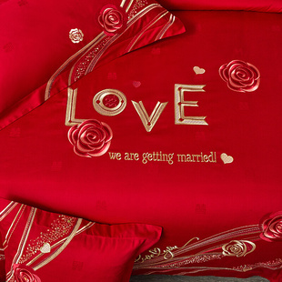 新品 南通婚庆全棉家纺四件套喜被大红色唯美刺绣被罩结婚床单纯棉