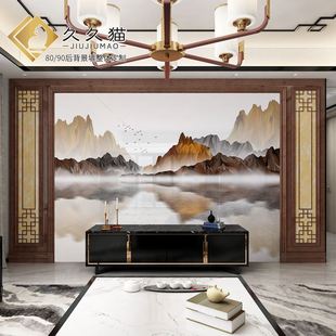 中式 电视瓷砖背景墙别墅古典岩板影视墙客厅定制大理石护墙板石纹