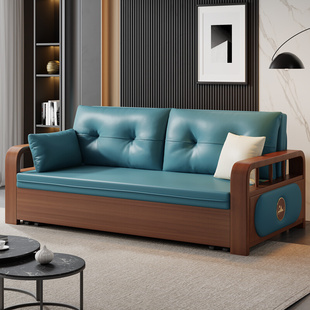 多功能客厅小户型两用实木猫爪皮沙发床双人中式 可折叠储物沙 新款