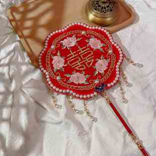 中式 刺绣喜扇团扇结婚新娘长柄手捧花婚礼龙凤秀禾服扇子结婚