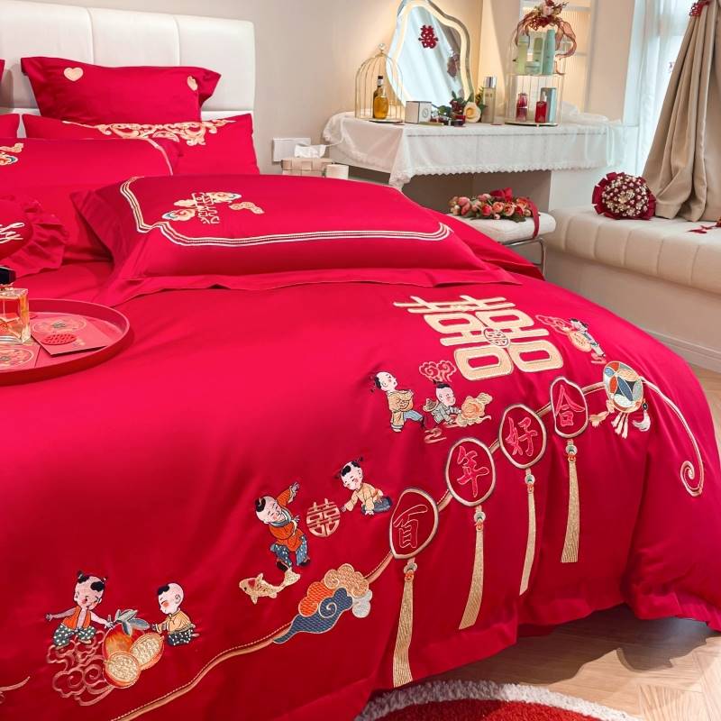 2023新款 全棉结婚床上四件套红色高档刺绣被套纯棉婚房备婚六件套