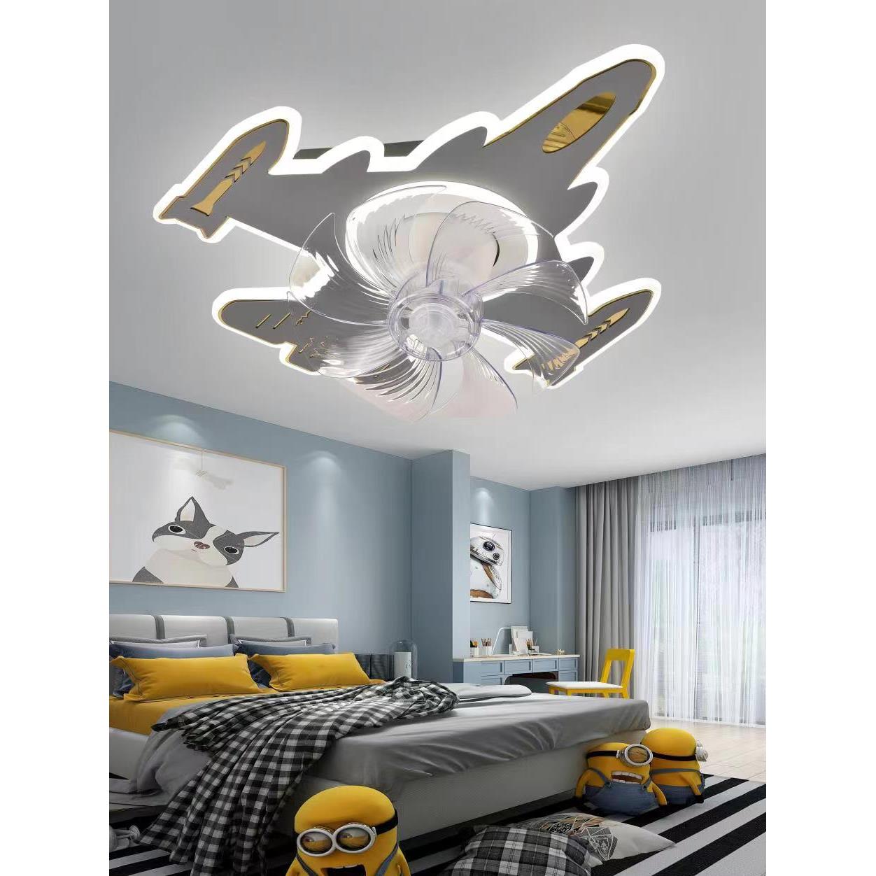 卧室摇头风扇灯儿童房卡通飞机风扇灯吸顶家用智能遥控风扇灯