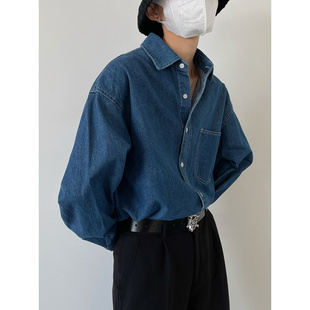 水洗工装 宽松版 男士 新品 春季 韩风气质复古蓝色牛仔衬衫 风外套