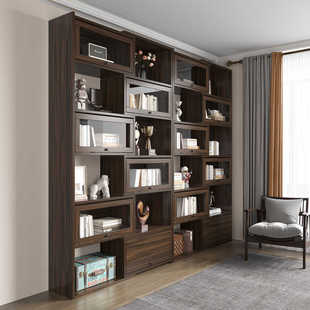 美式 书柜可伸缩储物柜带玻璃门展示柜落地靠墙书架客厅组合收纳柜