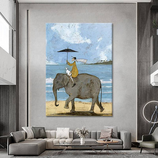 北欧风客厅纯手绘动物大象油画玄关沙发大芬村卧室儿童房装 饰挂画
