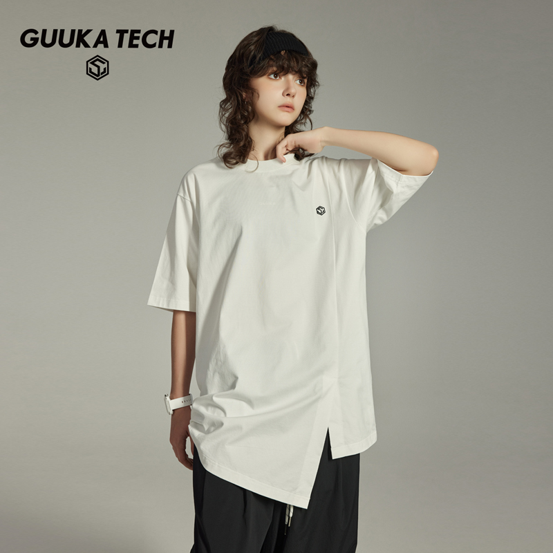 GuukaTech机能户外重磅60支纯棉短袖 T恤女 不规则运动上衣中长款
