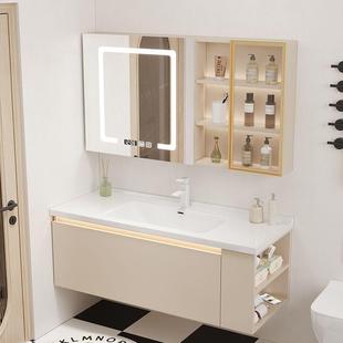 网红奶油风智能浴室柜组合洗漱台卫生间挂墙式 陶瓷一体盆洗手洗脸