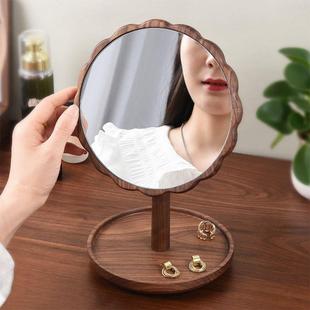 实木化妆镜圆形大镜面家用台式 卧室梳妆台镜子高清复古桌面公主镜