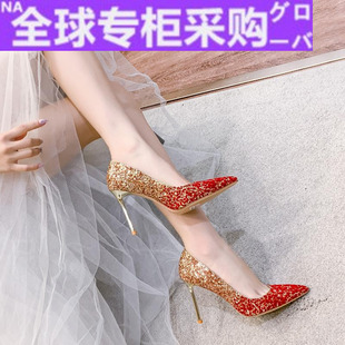秀禾服红色婚鞋 女细跟宴会高跟鞋 日本新款 结婚鞋 尖 礼服伴娘新娘鞋