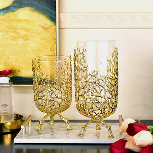 欧式 家居饰品摆件感透明插花器 定制轻奢现代简约玻璃金属花瓶软装